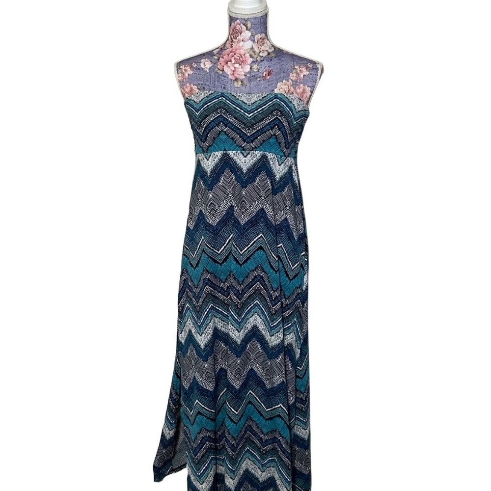 Vanity Womens Small Strapless Maxi Dress Teal Navy White Chevron Smocked Boho